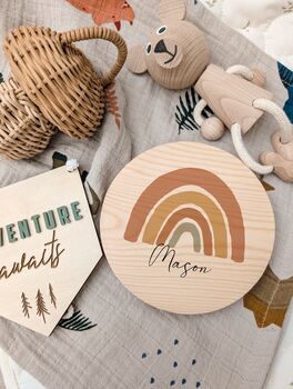 Personalised Earthy Rainbow Name Plaque | Wooden Nursery Name Sign, 5 of 10
