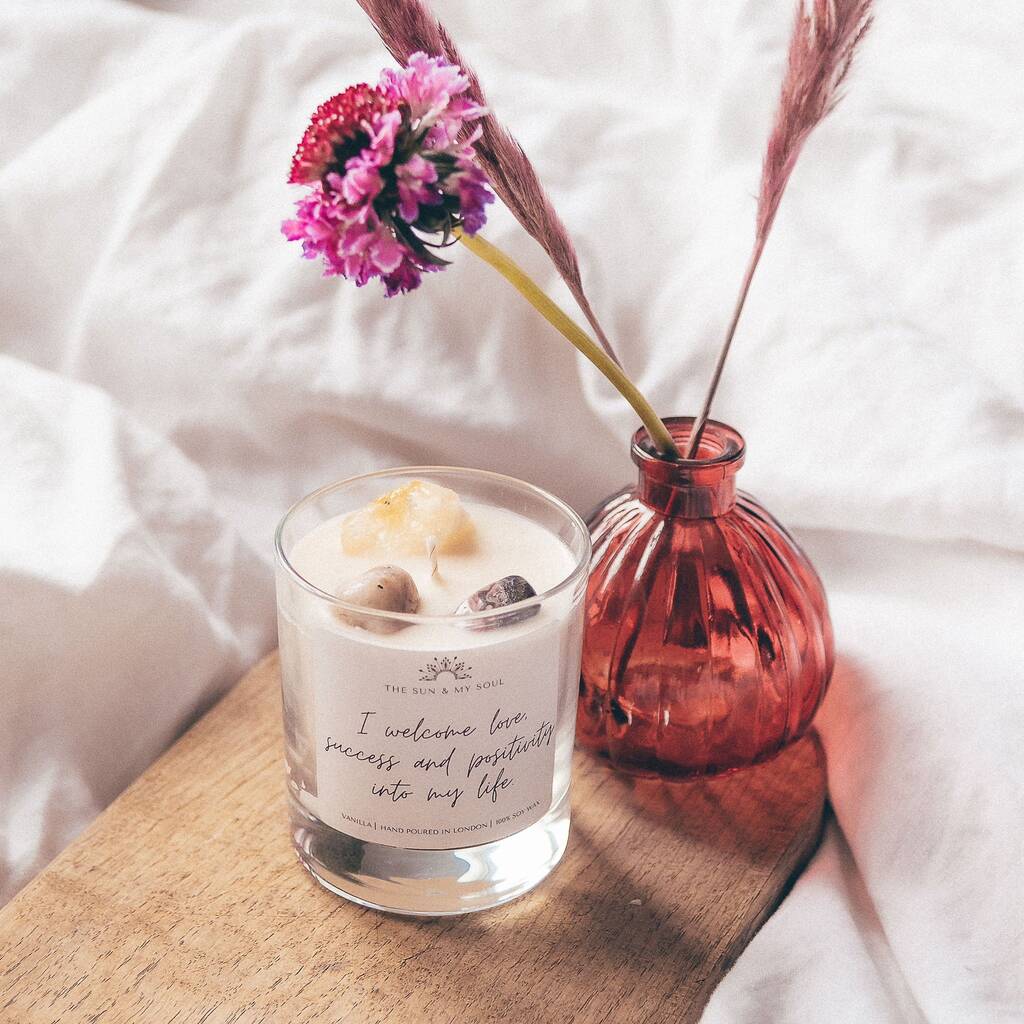 Positive Affirmation Crystal Candle With Three Crystals By The Sun & My