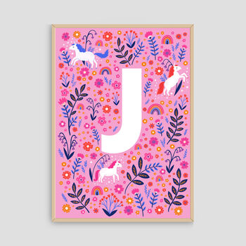 Personalised Unicorn Name Print, Girls A Z Alphabet Art, 7 of 12