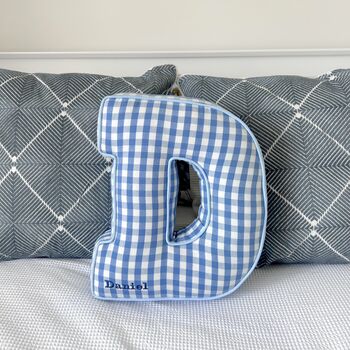 Embroidered Letter Cushion In Blue Gingham, 3 of 5