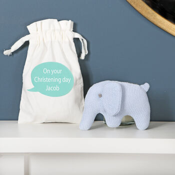 Blue Knitted Elephant Rattle And Personalised Bag, 2 of 5