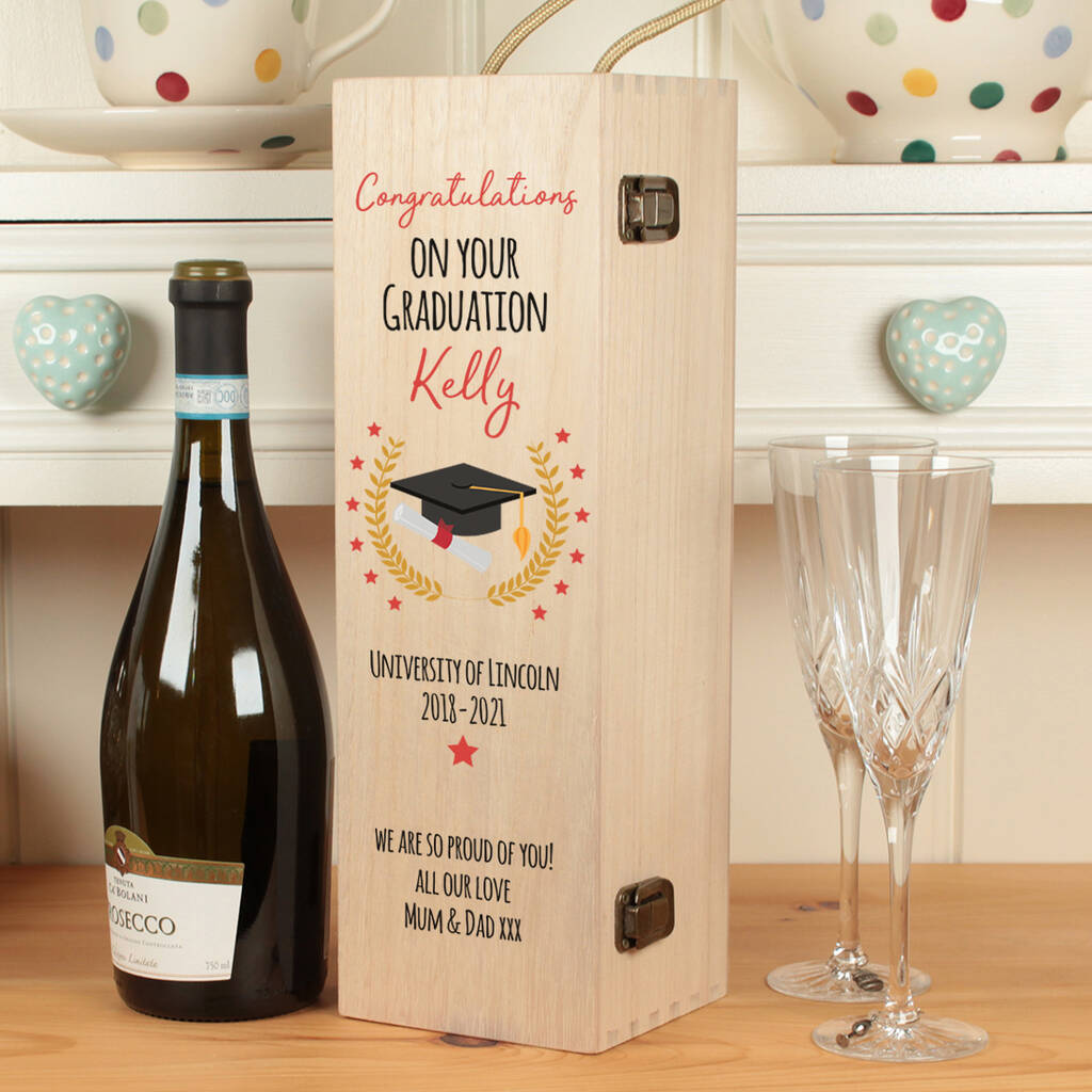 Personalised Graduation Hinged Wooden Bottle Gift Box, 1 of 2