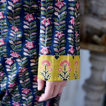 Block Printed Navy Blue, Mustard And Pink Lily Cotton Pyjamas, 7 of 9