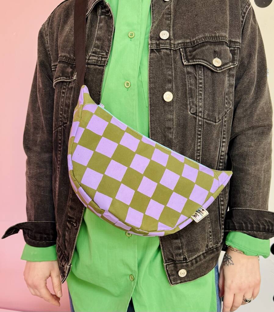 Checkered Purple And Green Sling Bag Waxed Cotton Bag, 1 of 2
