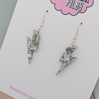 Silver Glitter Lightning Bolt Earrings Small And Large, 7 of 10
