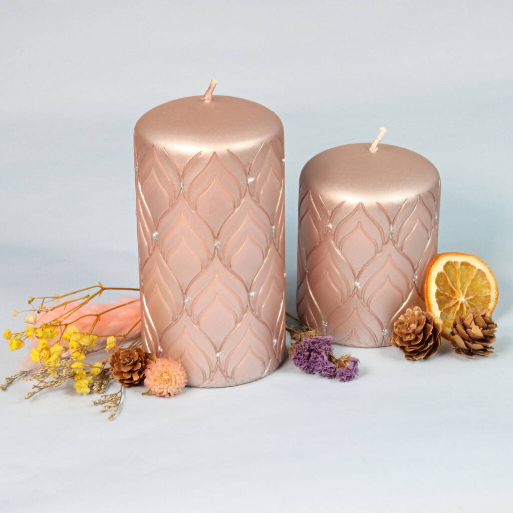 G Decor Jolene Glitter Elegant Rose Gold Pillar Candle By G Decor