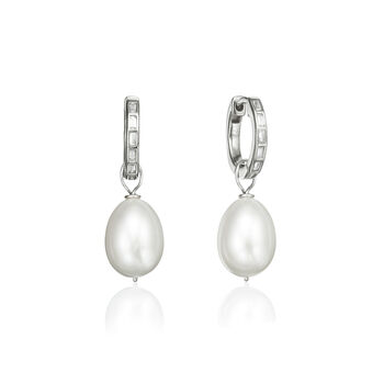 Diamond Style Baguette Pearl Drop Hoop Earrings, 3 of 11