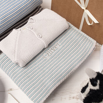 Baby Cosy Cardigan And Aqua Mini Stripe Blanket Set, 4 of 12