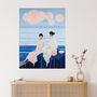 Seashore Chat Friendship Pink Blue Wall Art Print, thumbnail 1 of 6