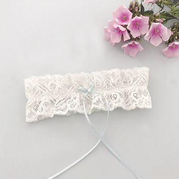 Wedding Garter With Ivory Lace And Something Blue Bow, 4 of 12