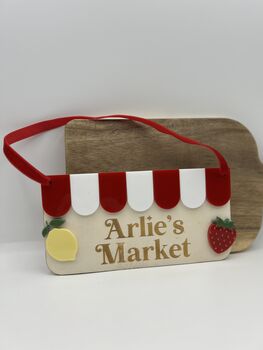 Personalised Wooden Play Kitchen Market Fruit Shop Sign Montessori Pretend Play Accessory, 5 of 6
