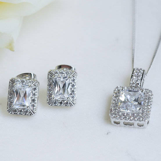 Emerald Cut Crystal Earrings And Pendant Set By Queens & Bowl