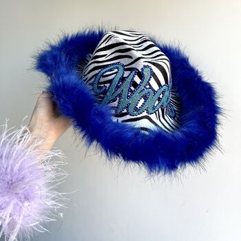 Electric Blue Fur Trim Zebra Print Cowboy Hat, 2 of 2