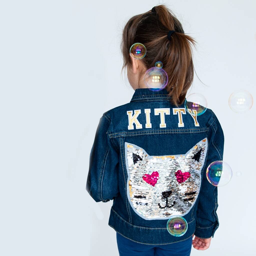 Personalised Kids Denim Jacket Reversible Sequin Cat, 1 of 9