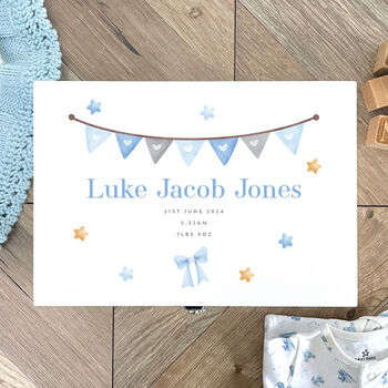 Personalised Blue Garland Baby White Keepsake Box Three Sizes, 6 of 9