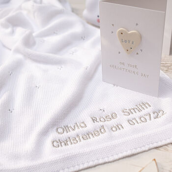 Toffee Moon White Pointelle Christening Baby Blanket, 3 of 12