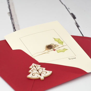 Christmas Card With A Field Mouse And Holly, 2 of 4
