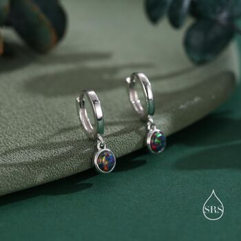Sterling Silver Dangling Black Opal Hoop Earrings, 5 of 12