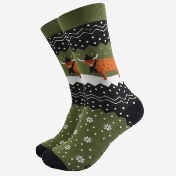 Men's Bamboo Socks Winter Highland Cow Green, 3 of 5