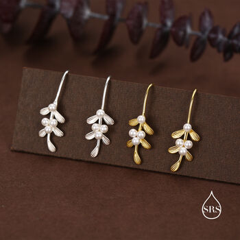 Sterling Silver Pearl Mistletoe Drop Hook Earrings, 4 of 11