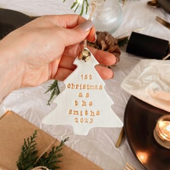 Personalised First Christmas Engaged Gold Bauble Tree Decoration, 2 of 2