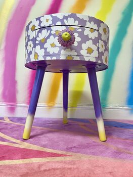 Lilac Daisy Round Wooden Side Table With Drawer, 4 of 11