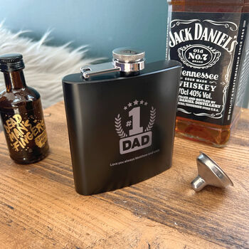 Personalised No.One Dad Engraved Black Metal Hip Flask 6oz, 4 of 7