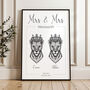 Personalised Mrs And Mrs Print Royal Lioness Portraits Lion Wall Art, thumbnail 1 of 7