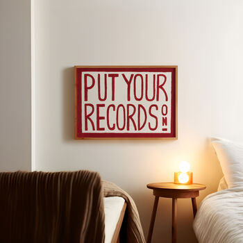 Retro Music Wall Art Put Your Records On Red Hand Painted Print, 4 of 8