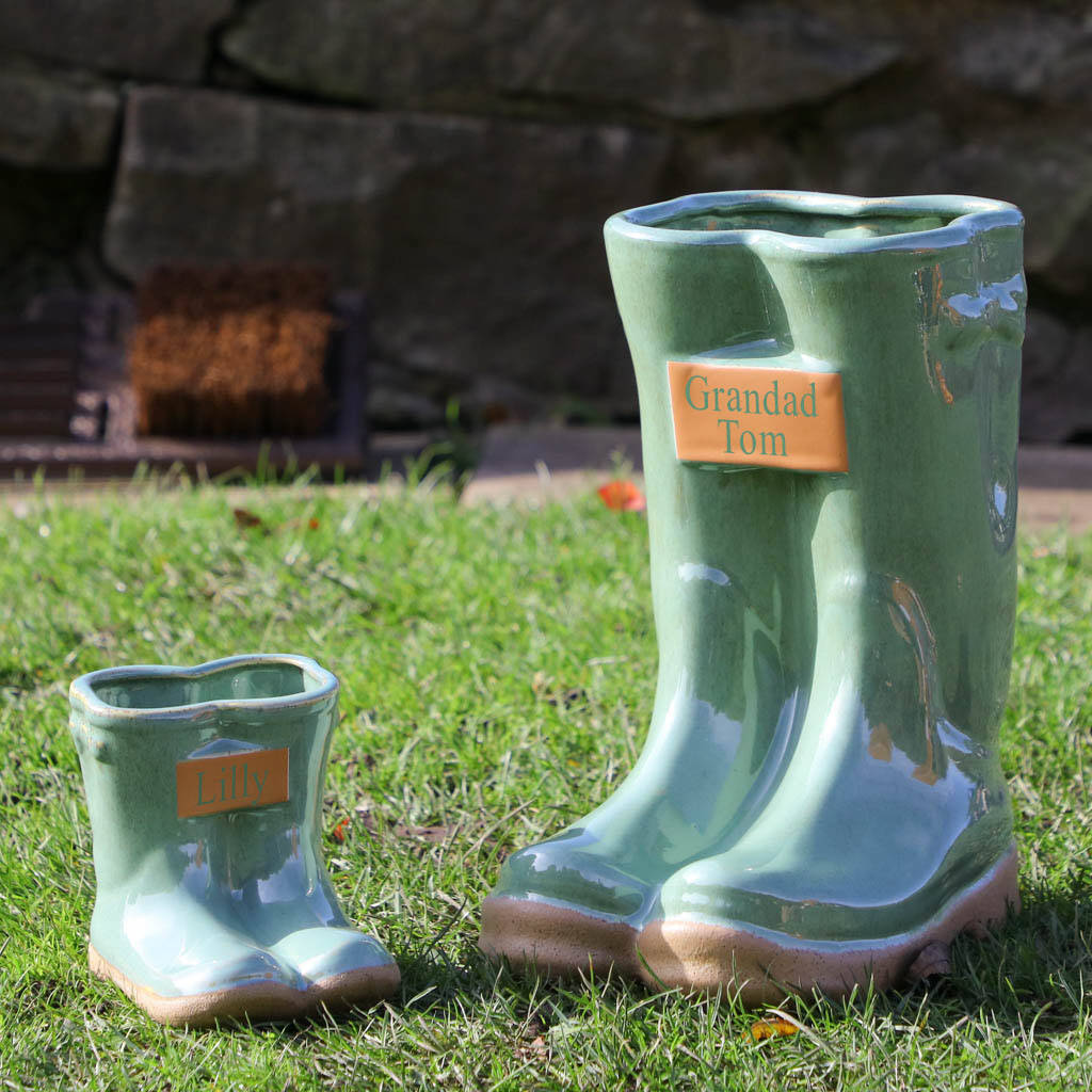 Personalised Green Ceramic Garden Welly Planters By Dibor