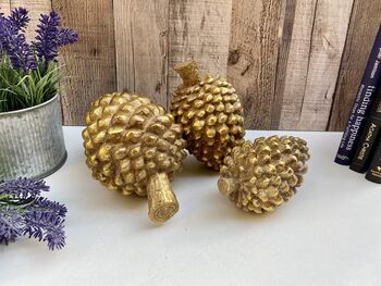 Set Of Three Champagne Gold Pinecone Decorations Ornaments, 5 of 9