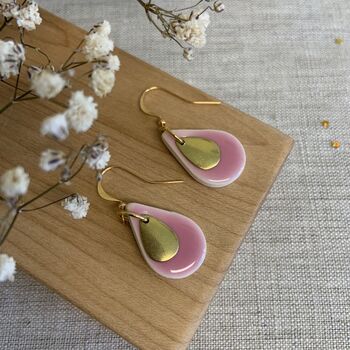 Bright Pink Ceramic Teardrop Earrings Gold Plated, 5 of 6