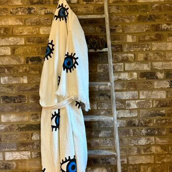 Long Organic Cotton Robe: White With Dark Blue And Black Eye, 5 of 8