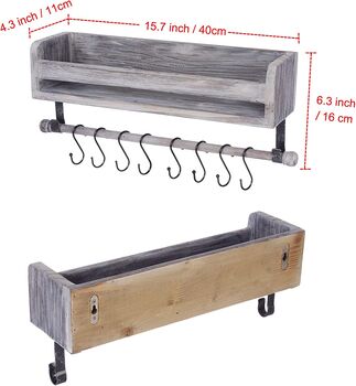 Wooden Grey Floating Shelves With Eight Hooks, 12 of 12