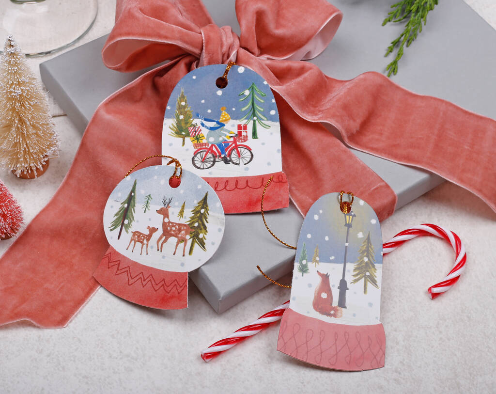 16 Christmas Gift Tags With Snow Globe Design And Gold Twine, 1 of 4