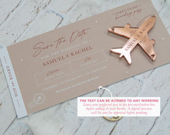 Beige Wedding Boarding Pass Save The Date With Rose Gold Magnetic Plane, 4 of 7