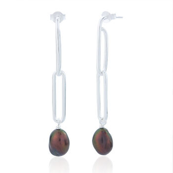 Sterling Silver Black Pearl Long Drop Earrings, 3 of 6