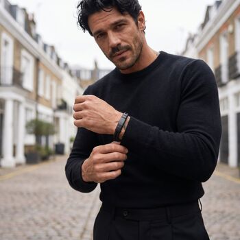 Men’s Adjustable Black Double Leather Bracelet – 12mm Woven Design With Black Stainless Steel Clasp, 2 of 10