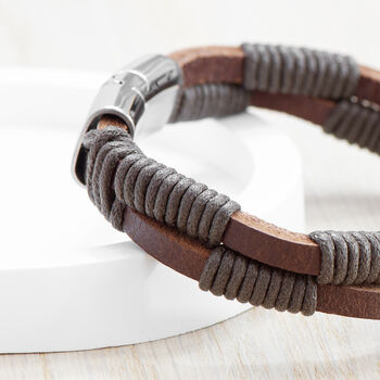 Personalised Men's Brown Leather Twisted Cord Bracelet, 3 of 5