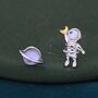 Sterling Silver Mismatched Astronaut And Planet Stud Earrings, thumbnail 1 of 9