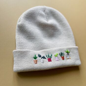 Unisex Hand Embroidered Grey Beanie With Plants, 5 of 6