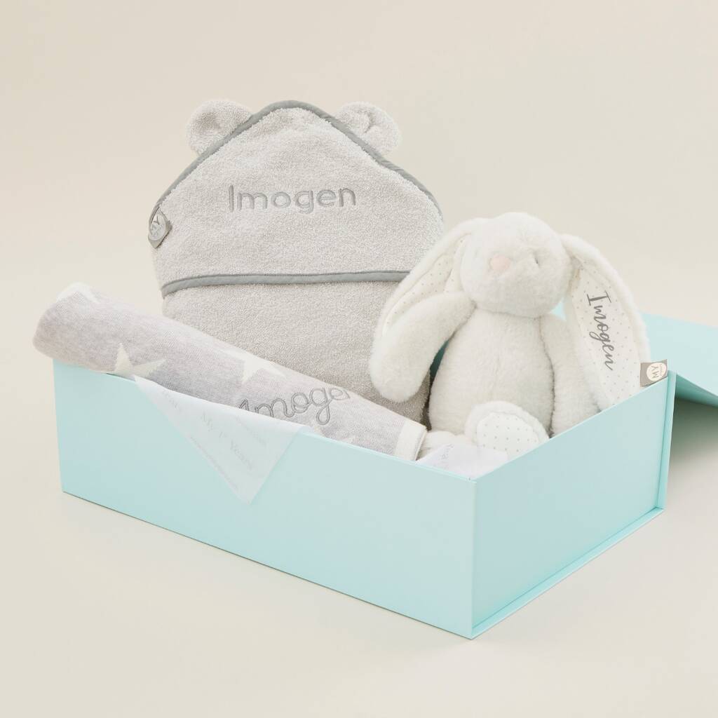 Personalised Grey New Baby Essentials Gift Set, 1 of 3