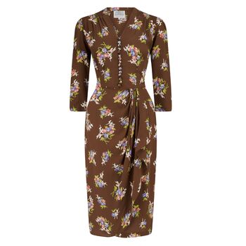 Mabel Long Sleeve Dress In Brown Floral Vintage 1940s Style, 2 of 3