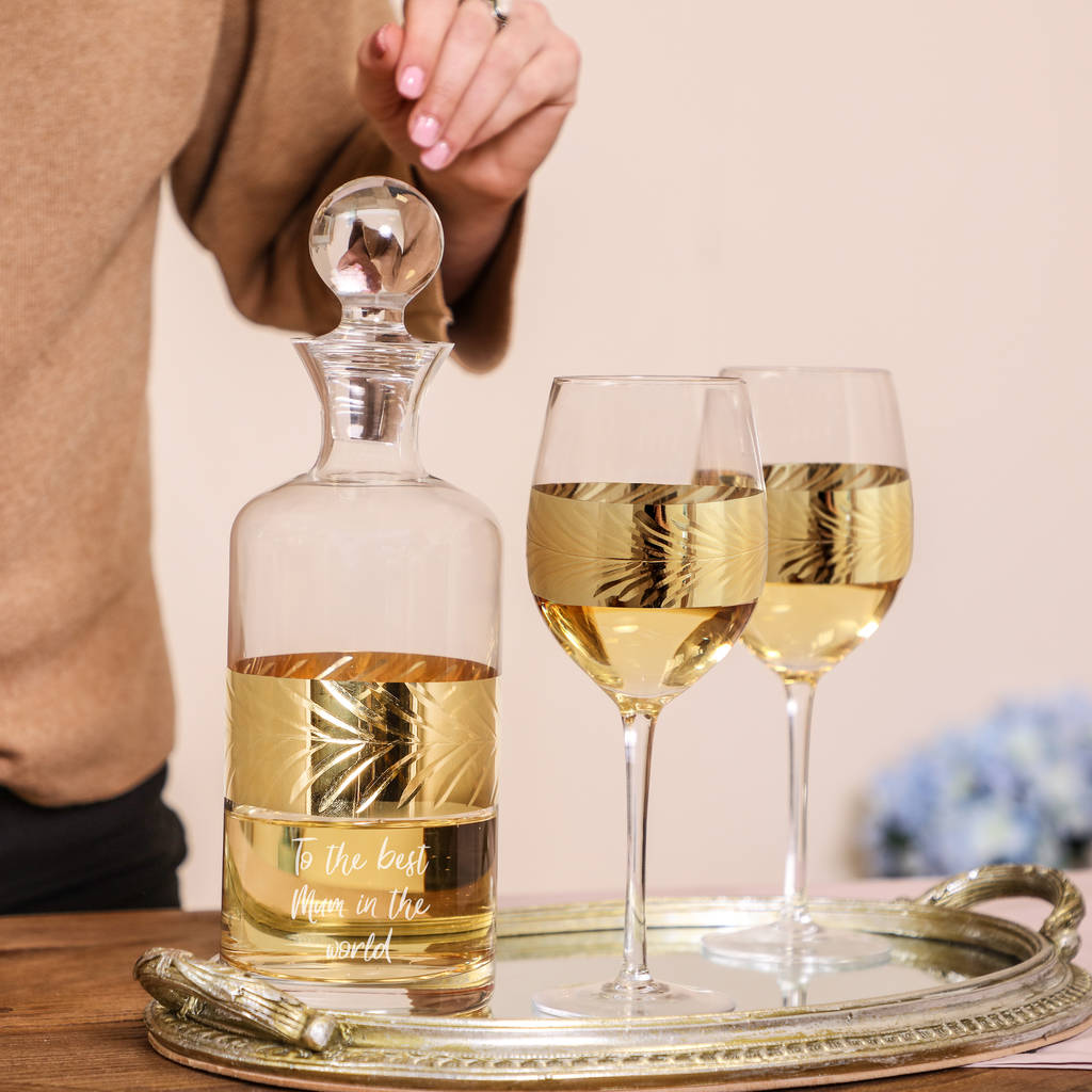 personalised gold decanter and wine glass set by dibor