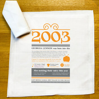 Personalised 21st Birthday Gift 2003 Handkerchief Pair, 3 of 8