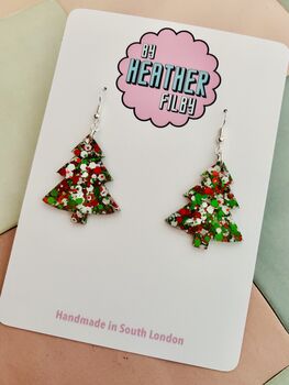 White, Red And Green Glitter Christmas Tree Resin Earrings / Traditional Christmas Gift / Secret Santa Gift, 2 of 9