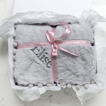 Personalised Grey Fluffy Pom Pom Baby Blanket, 4 of 9