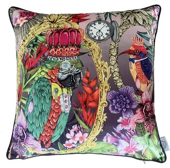 Signature Tropical Birds Dressed Up Bright Colourful Tropical Flowers Green Parrot Luxury Velvet Cushion, 8 of 9