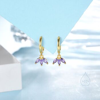 Sterling Silver Amethyst Purple Crown Cz Huggie Hoop Earrings, 7 of 12