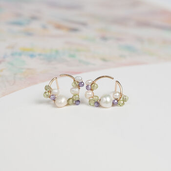 Dainty Baroque Pearl Peridot And Zircon Stud Earrings, 3 of 7
